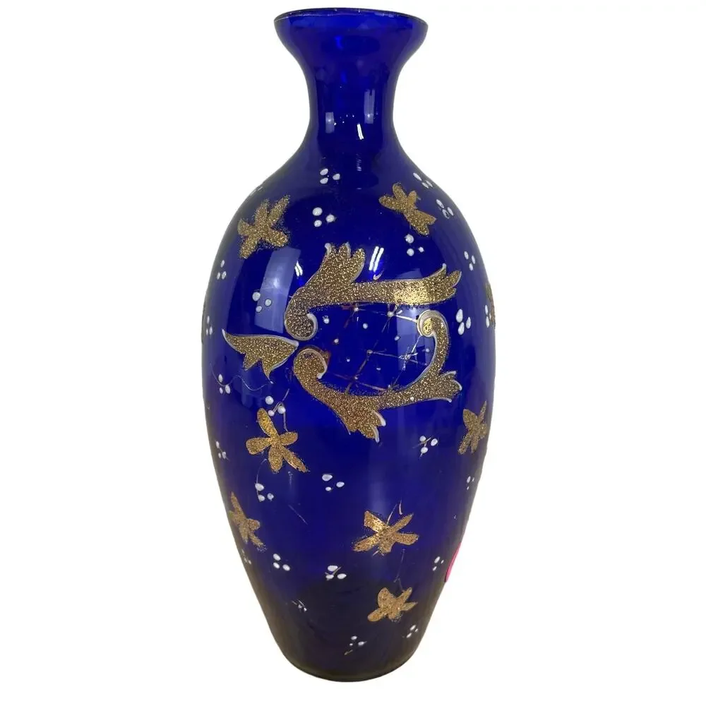 Vintage Signed Moser Art Glass Cobalt Blue Vase Gold Gilt Good Condition